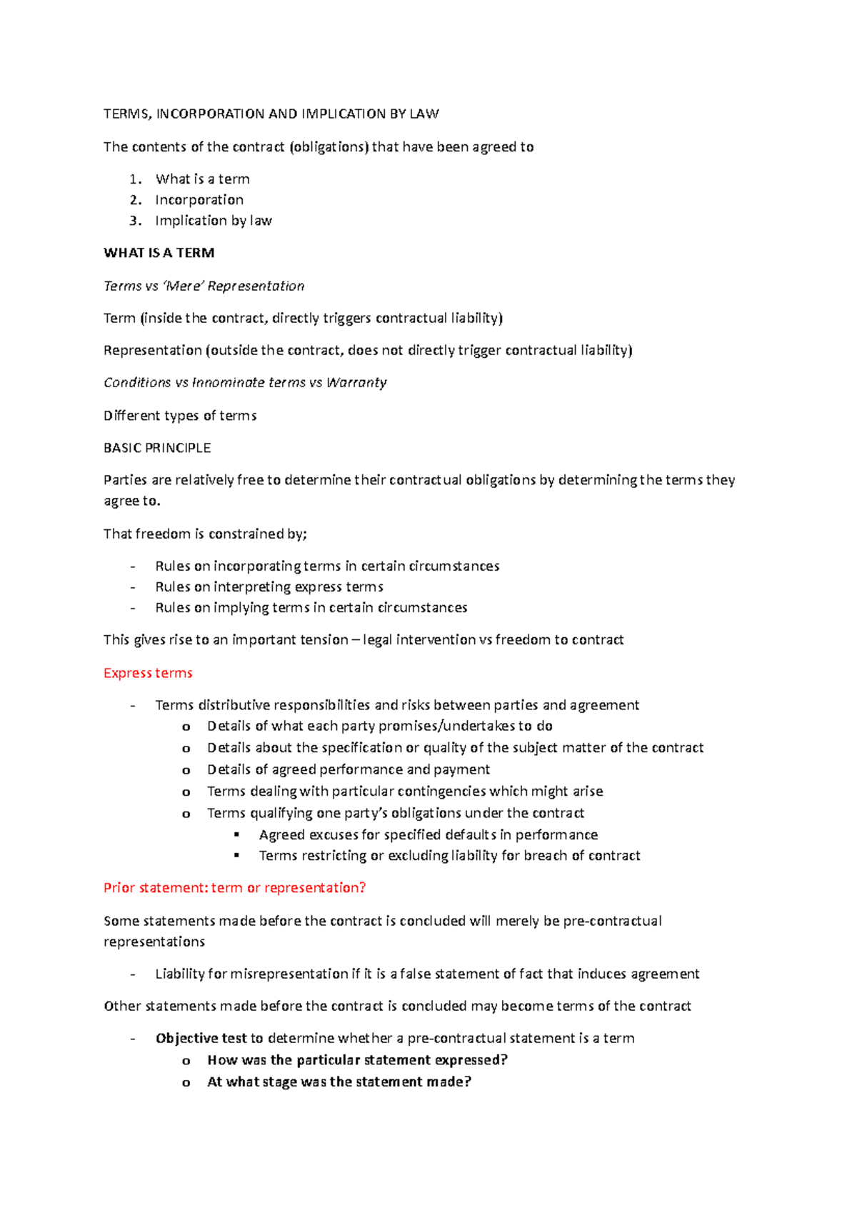 Terms Incorporation and Implication in Contract Law - Studocu