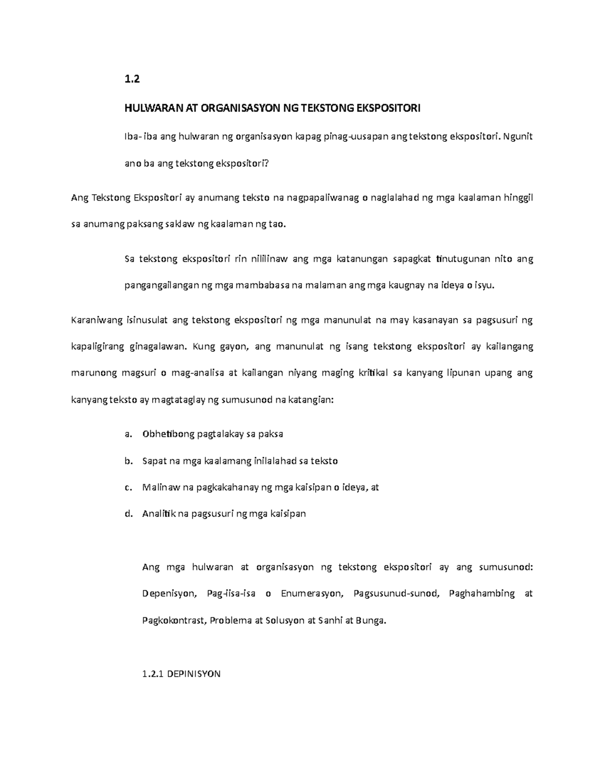 Filipino Hulwaran AT Organisasyon NG Tekstong Ekspositori 1 HULWARAN 