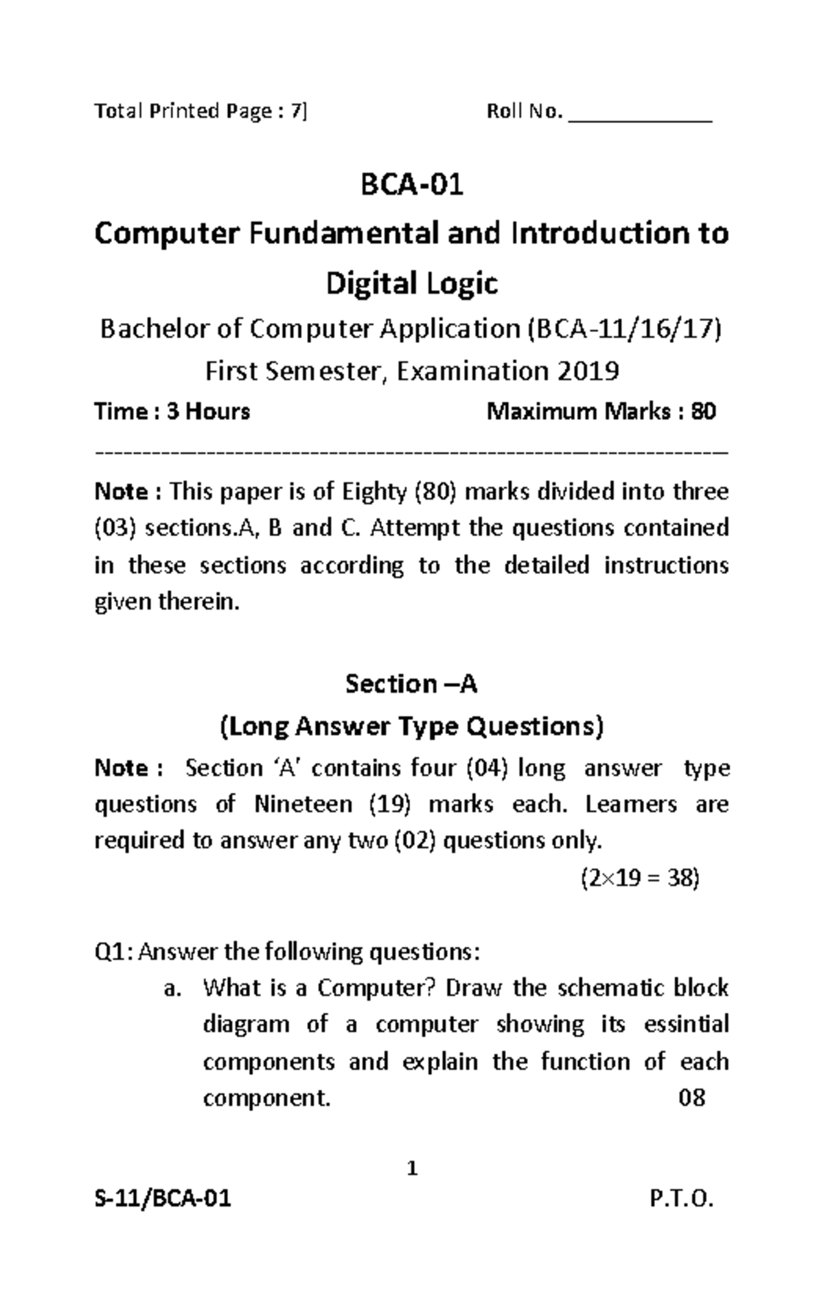 BCA-01 - All the best - 1 Total Printed Page : 7] Roll No ...
