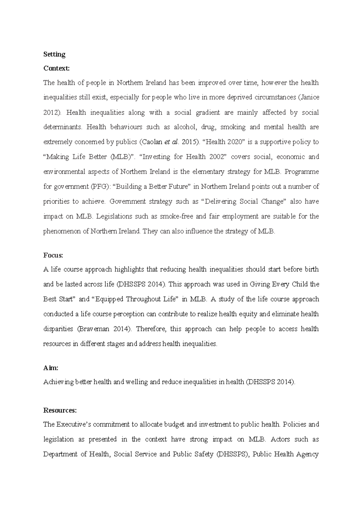 Making Life Better Northern Ireland Public Health Strategic Framework