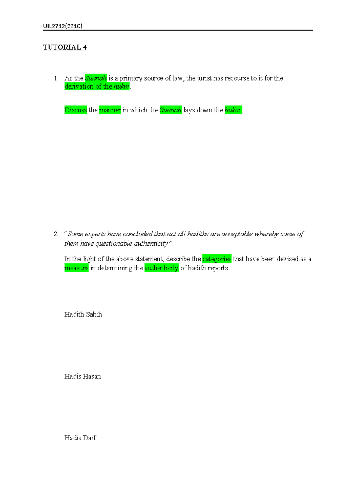 Islamic Law Tutorial Question 4 Uil2712 2210 Tutorial 4 1 As The