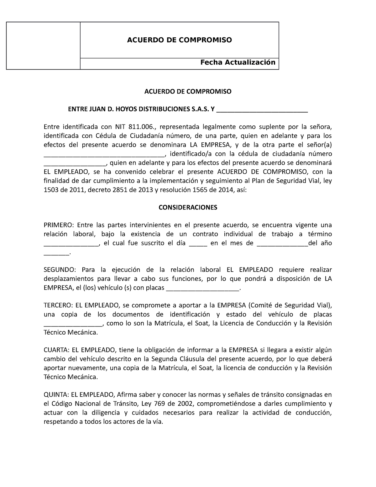 Acuerdo de Plan de Seguridad Vial1 - ACUERDO DE COMPROMISO Fecha ...