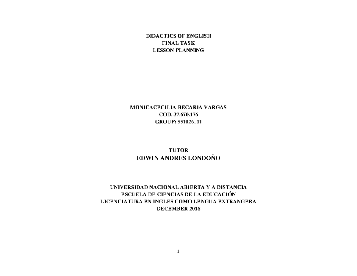Posttask didactics final activity DIDACTICS OF ENGLISH FINAL TASK LESSON PLANNING