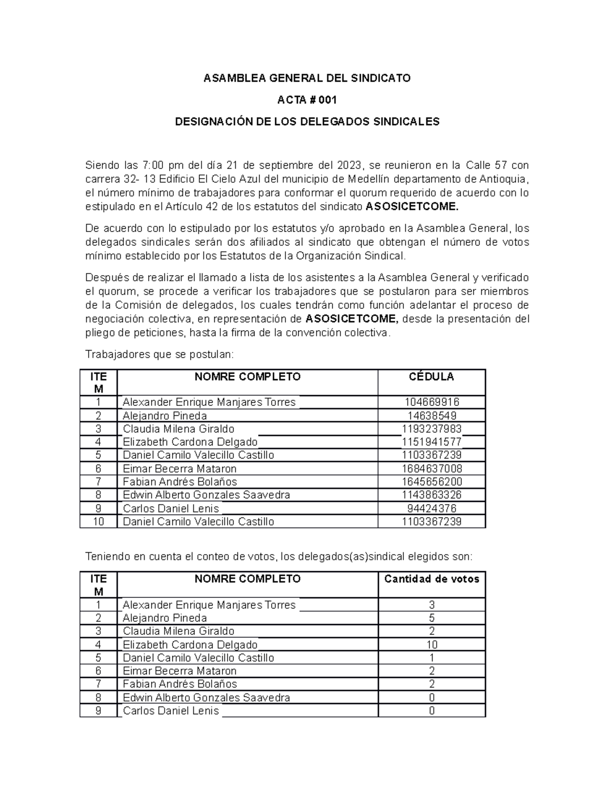 Designación de los delegados - ASAMBLEA GENERAL DEL SINDICATO ACTA ...