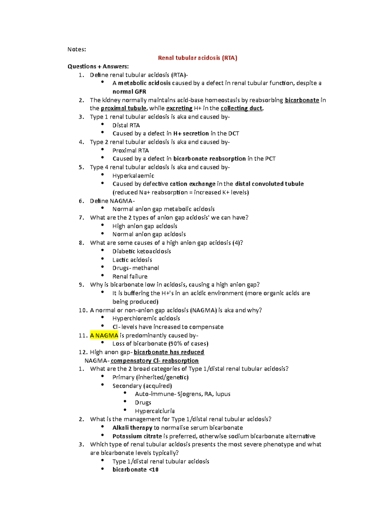 Renal tubular acidosis (RTA) - Notes: Renal tubular acidosis (RTA ...