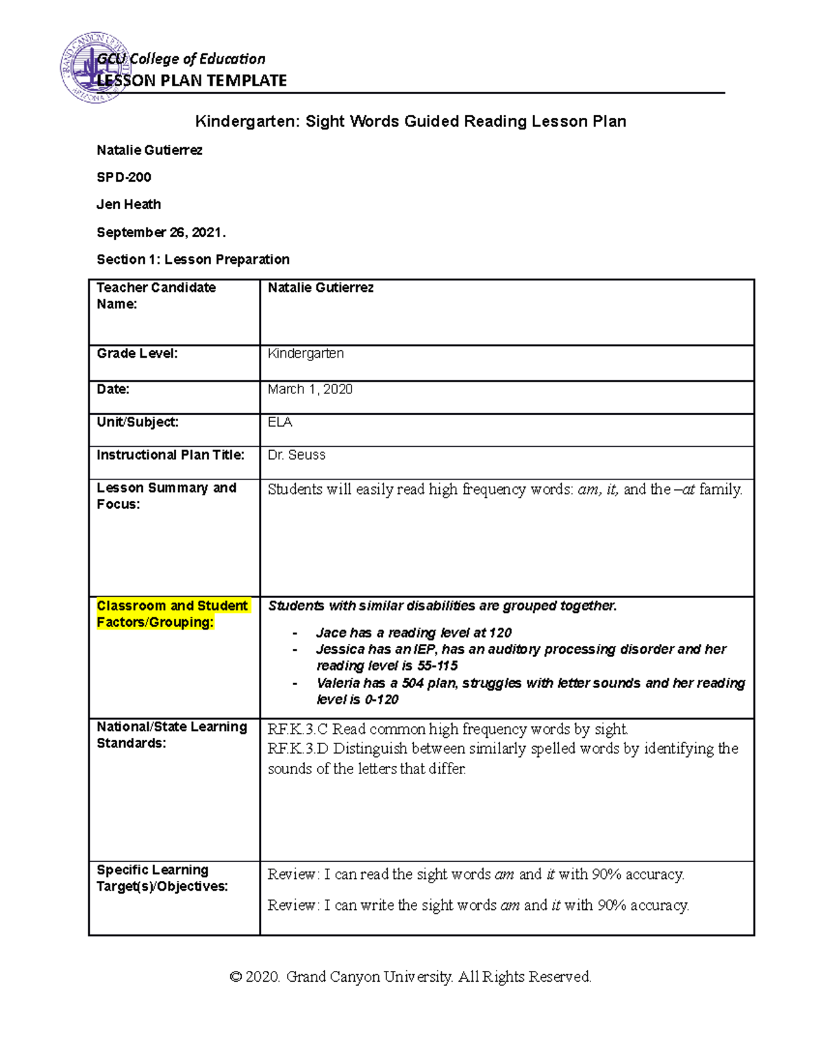 Spd-200 Differentiating Instruction - Lesson Plan Template Kindergarten 