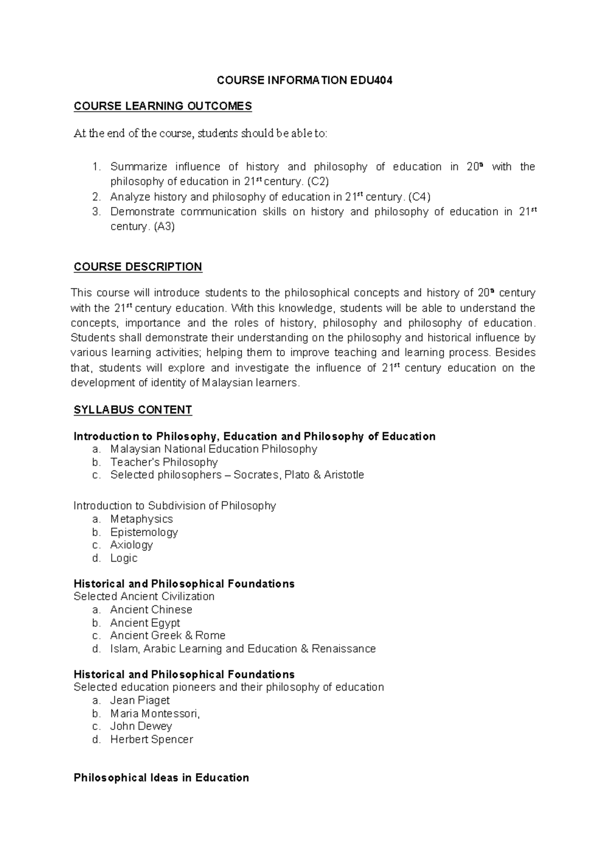 Scheme of work.... - COURSE INFORMATION EDU COURSE LEARNING OUTCOMES At ...