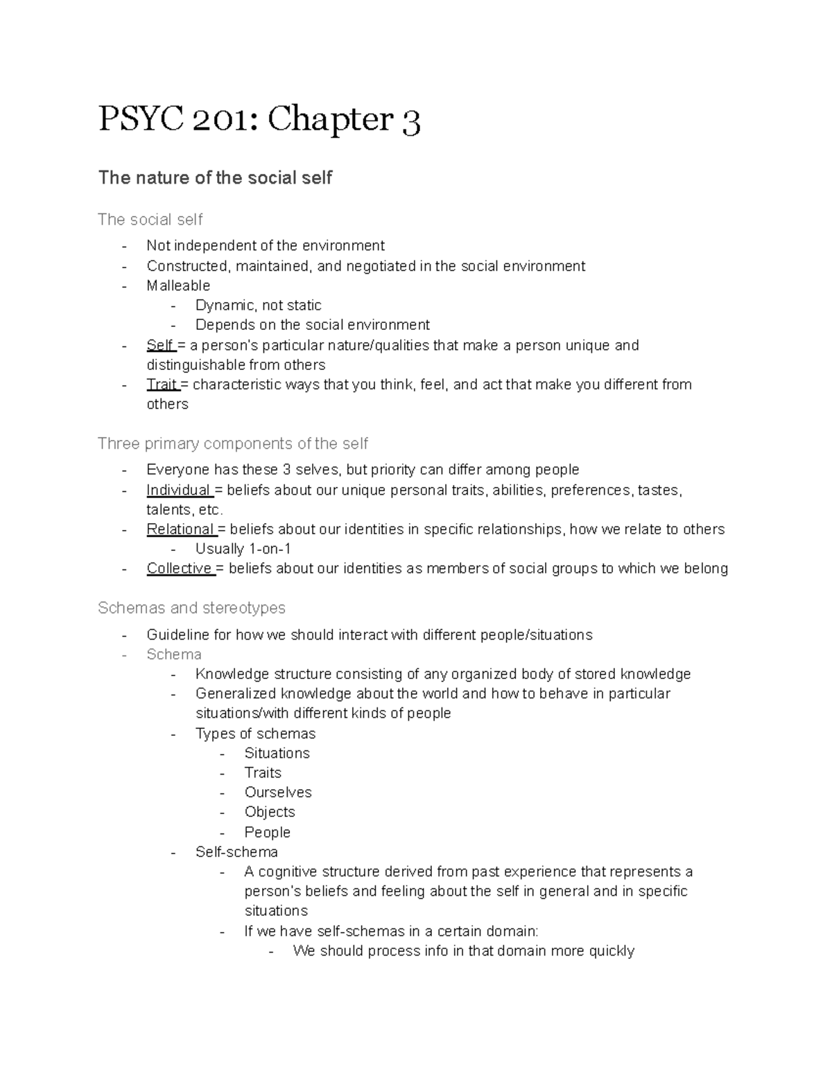 PSYC 201 - Ch 3 - Notes - PSYC 201: Chapter 3 The Nature Of The Social ...