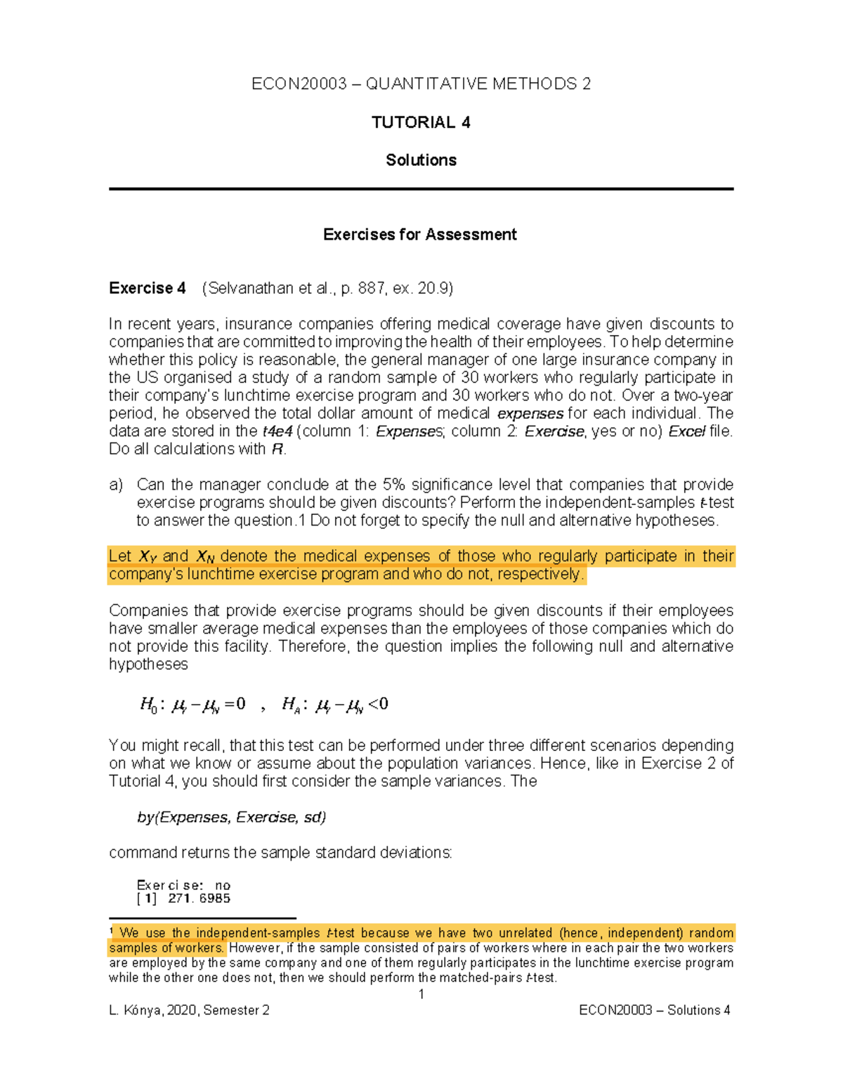 Tutorial 4 Solutions - 1 ECON20003 – QUANTITATIVE METHODS 2 TUTORIAL 4 ...