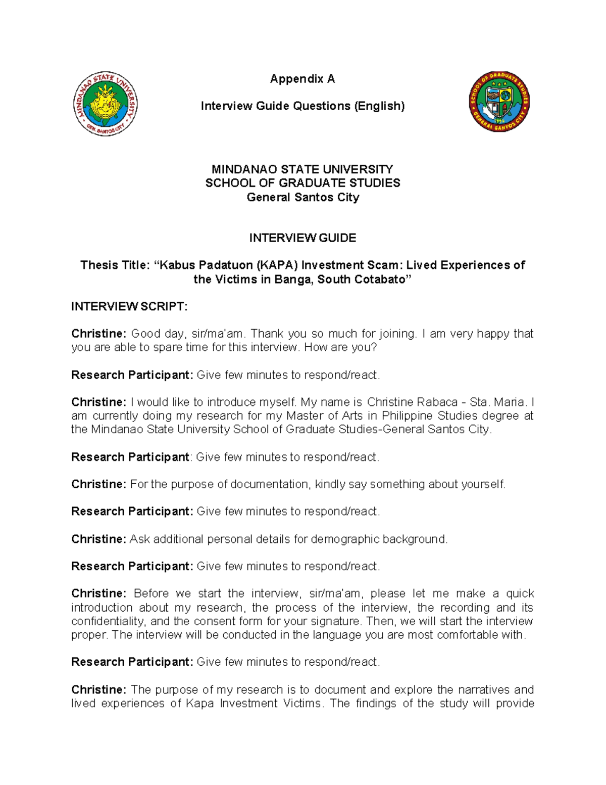 Interview Guide Questions English& Hiligaynon Rabaca - Appendix A ...