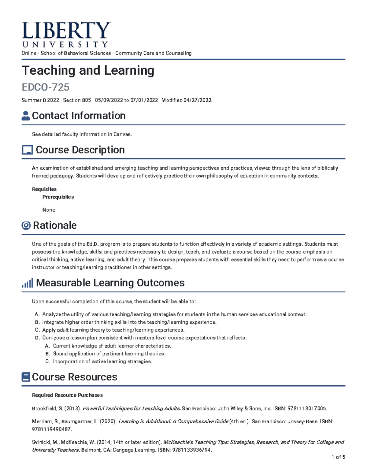 Teaching And Learning EDCO 725 Summer B 2022 - ÷ Contact Information ...