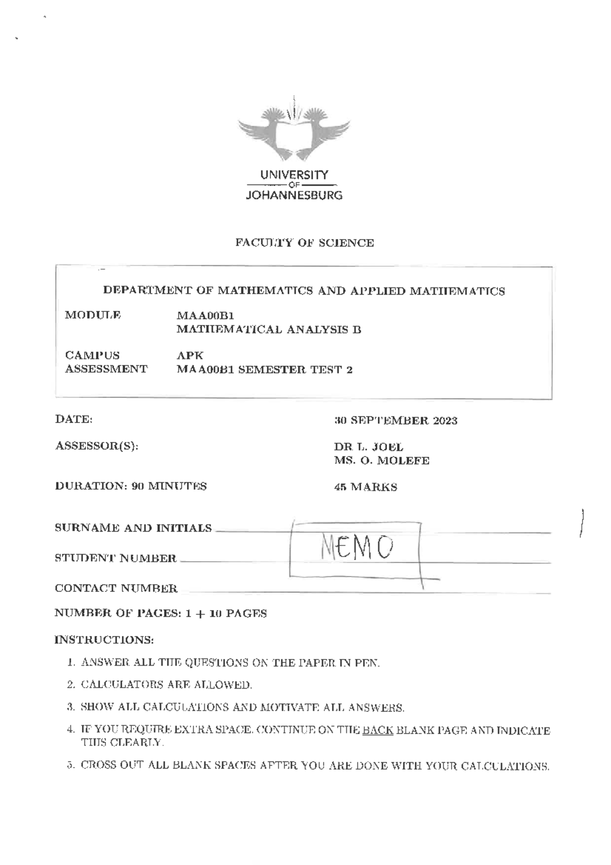 Test 2 Memo Test 2 Memo Maa00b1 Studocu