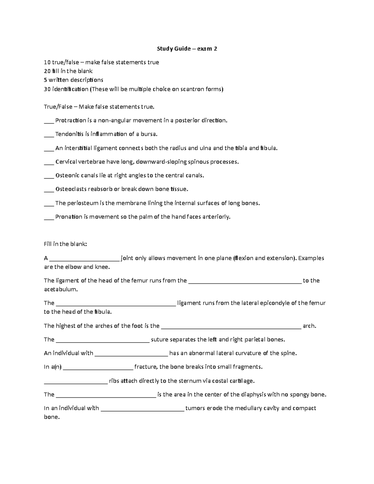 Anatomy - Study Guide - exam 2 - Study Guide – exam 2 10 true/false ...