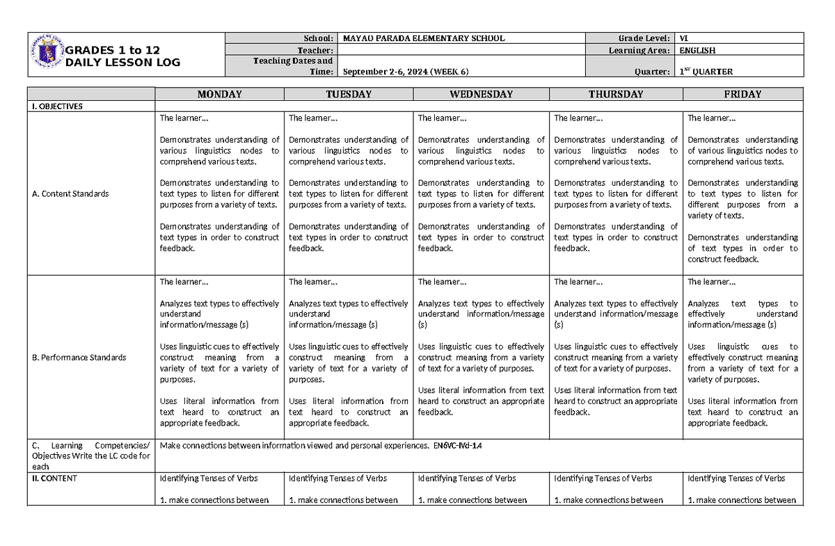 DLL English 6 Q1 W6 - GRADES 1 to 12 DAILY LESSON LOG School: MAYAO ...