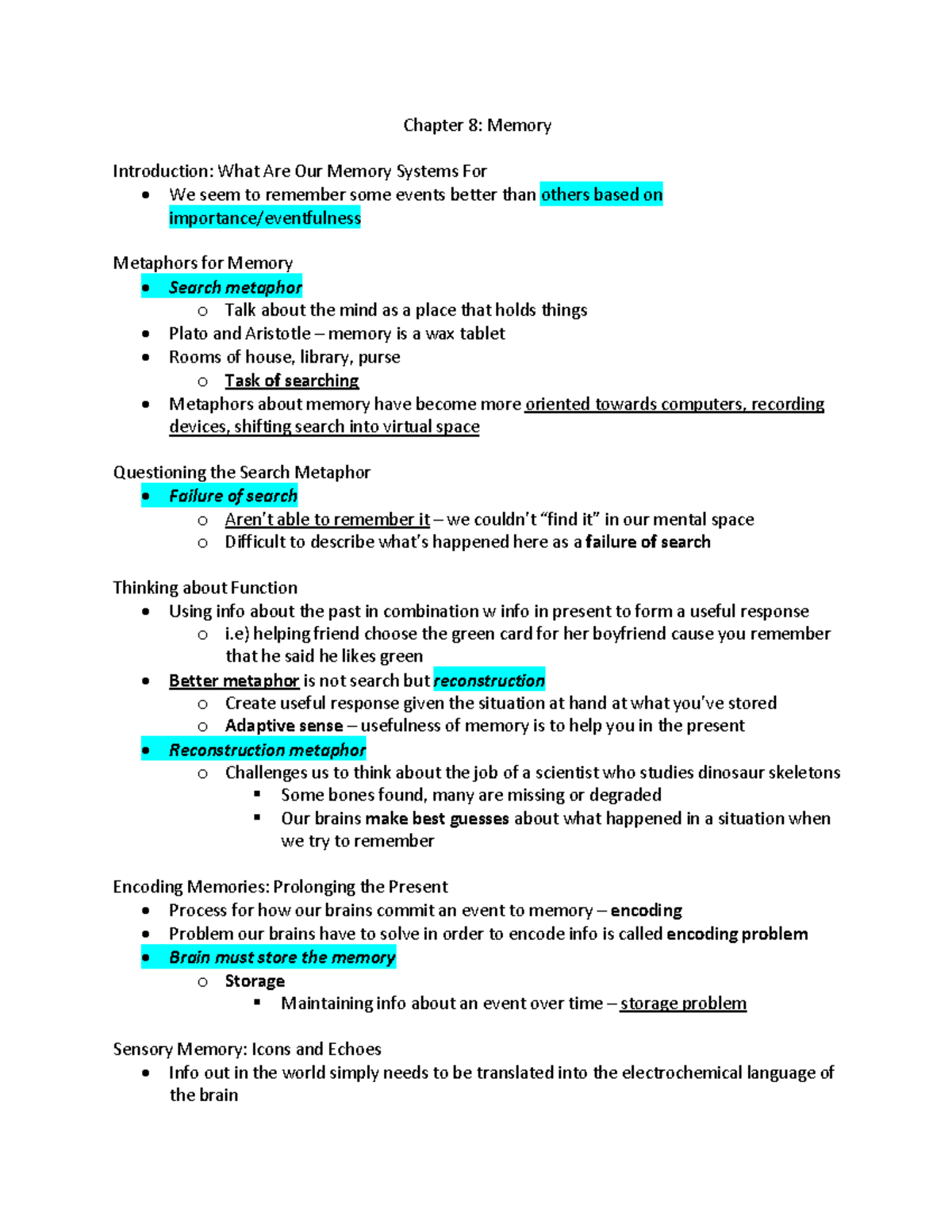 Chapter 8 - Memory - PSY 1101 With Poole TopHat Notes - Chapter 8 ...