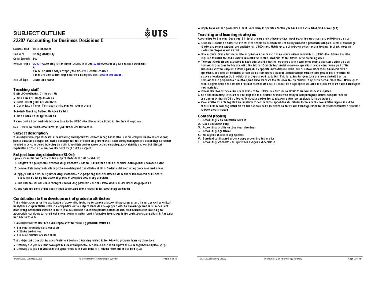 SO Accounting - SUBJECT OUTLINE 22207 Accounting For Business Decisions ...