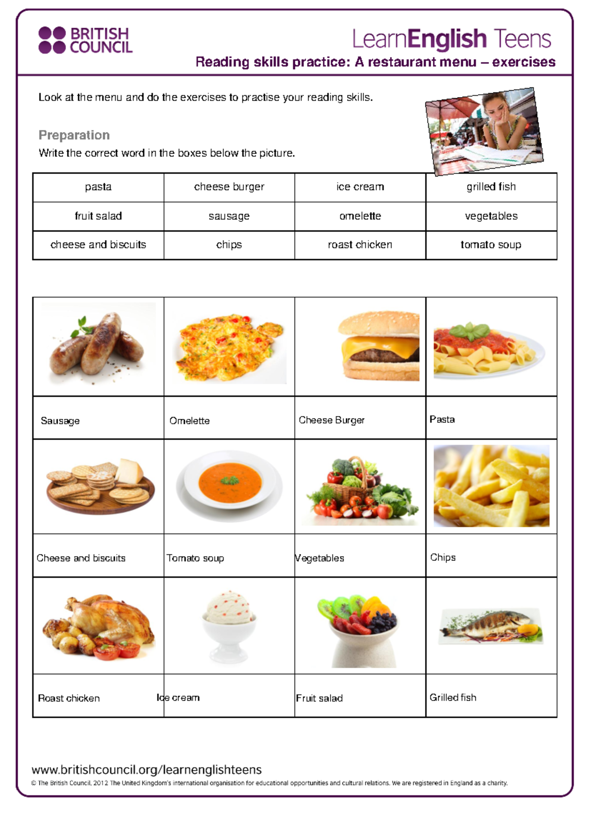 Practice - A Restaurant MENU - Look at the menu and do the exercises to ...