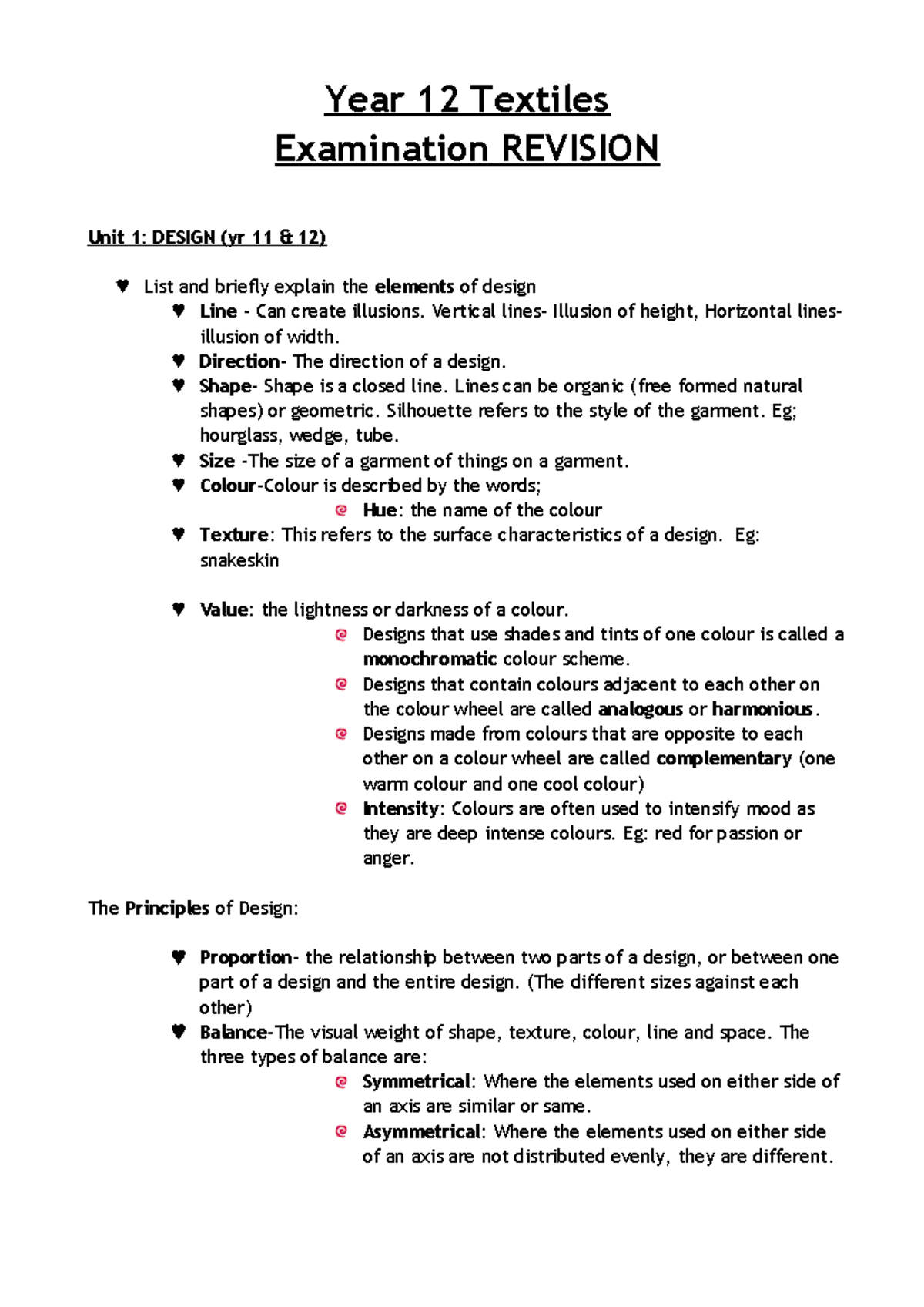 Textiles Design Notes Examination Revision Year 12 Textiles
