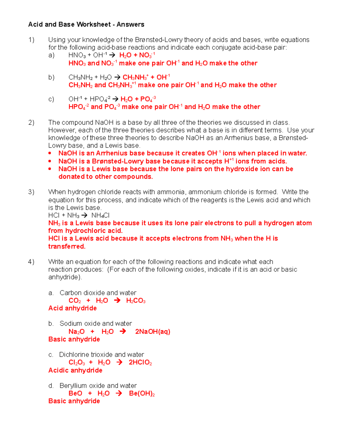 Acid and Base Worksheet 1 07-08 ans key - Acid and Base Worksheet - Answers  Using your knowledge of - Studocu