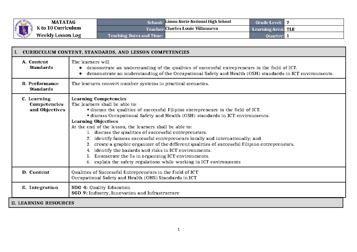 DLL Matatag TLE 7 Q1 W2 - NONE - MATATAG K to 10 Curriculum Weekly ...