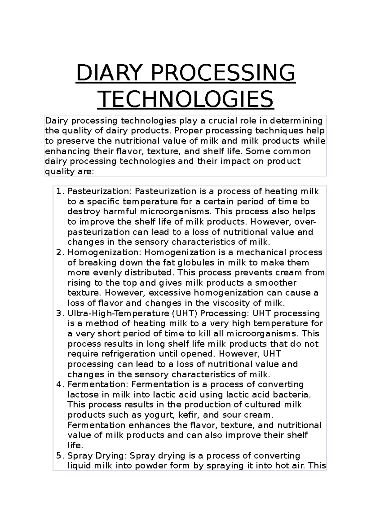 Diary Processing Technologies DIARY PROCESSING TECHNOLOGIES Dairy