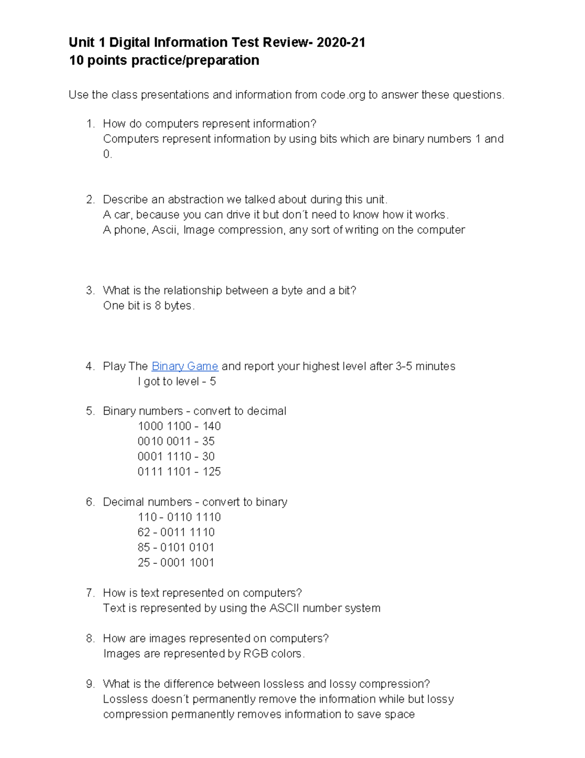 Copy of Unit 1 Test Review 2021 Unit 1 Digital Information Test