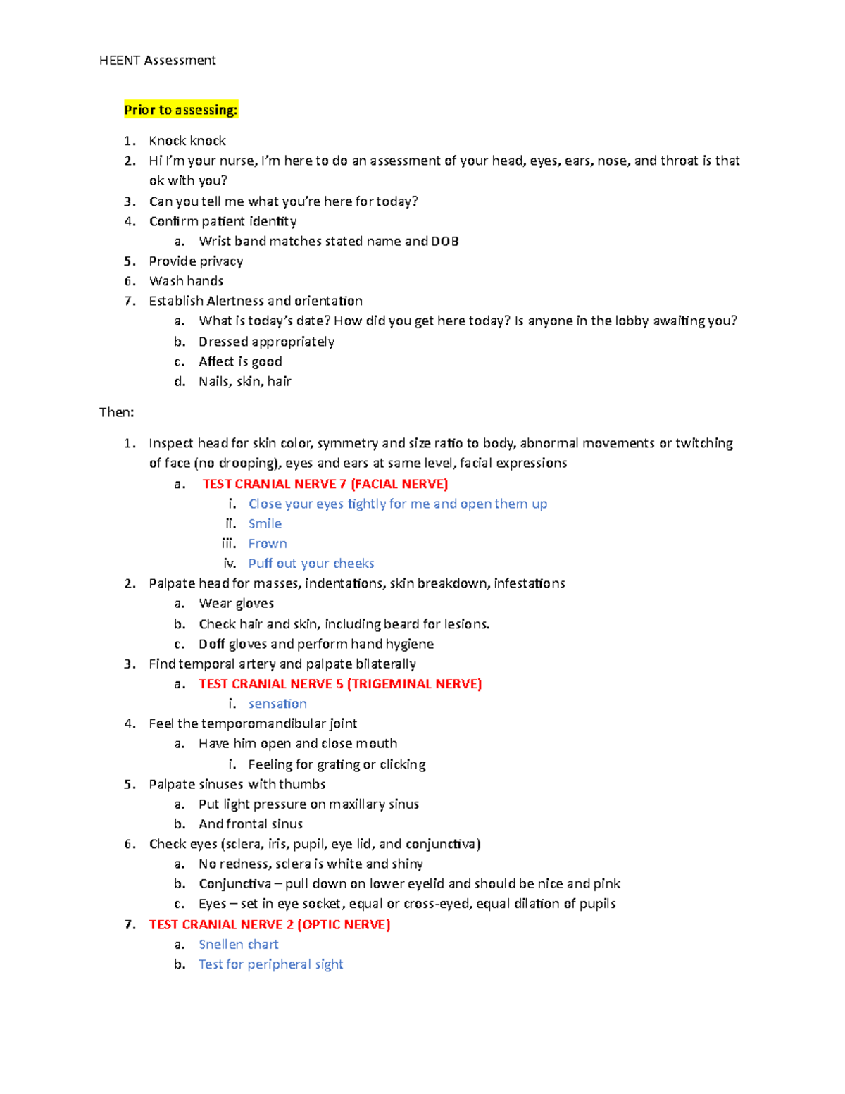 PA Heent Assessment Studyguide - HEENT Assessment Prior To Assessing: 1 ...