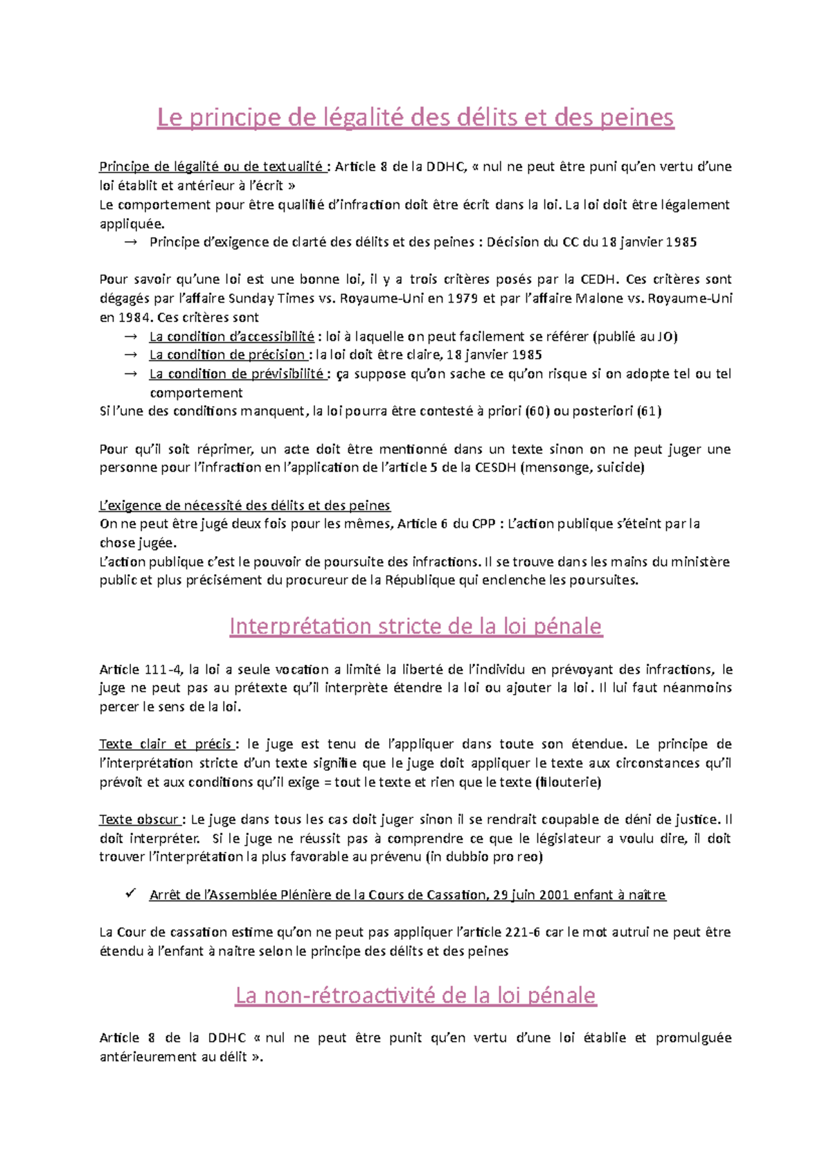 Droit pénal fiche définitive Le principe de légalité des délits et des peines Principe de Droit pénal fiche définitive Le principe de légalité des délits et des peines Principe de