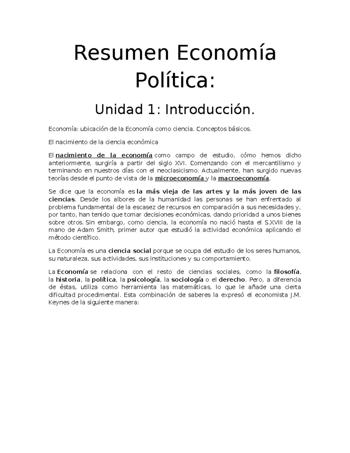 Resumen economia - Resumen Economía Política: Unidad 1: Introducción ...