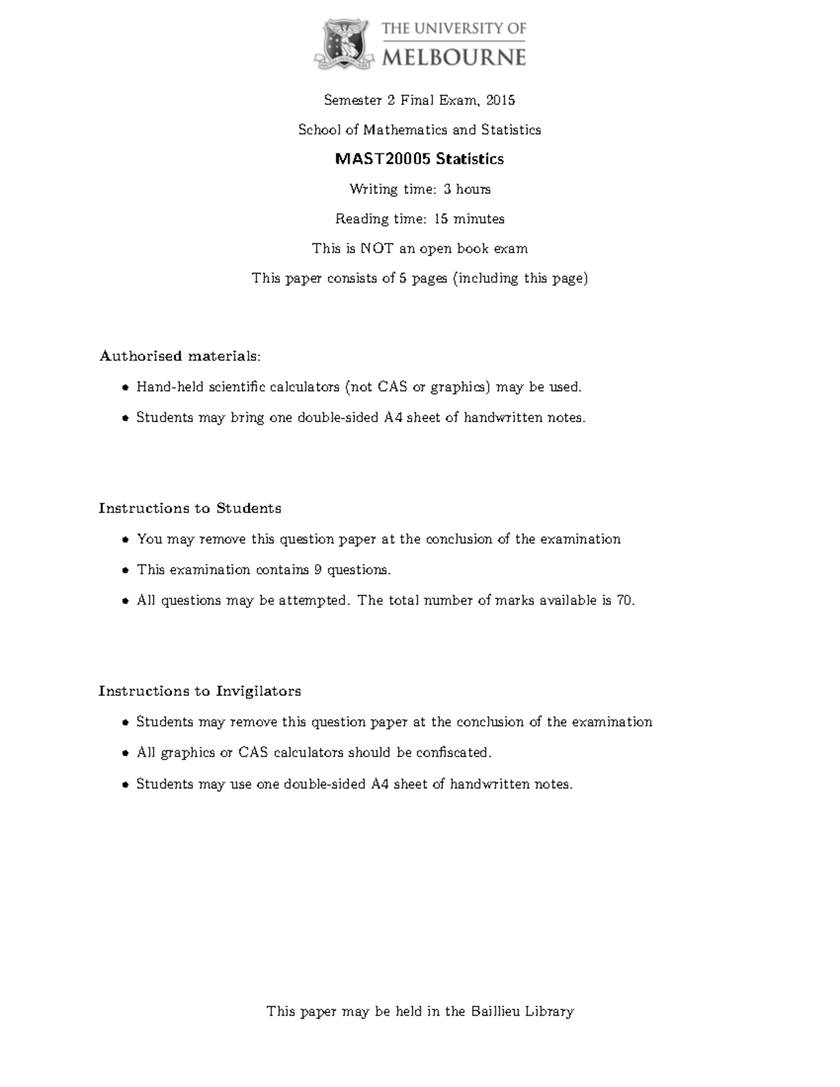 Exam 2015, questions - ! Semester 2 Final Exam, 2015 School of ...