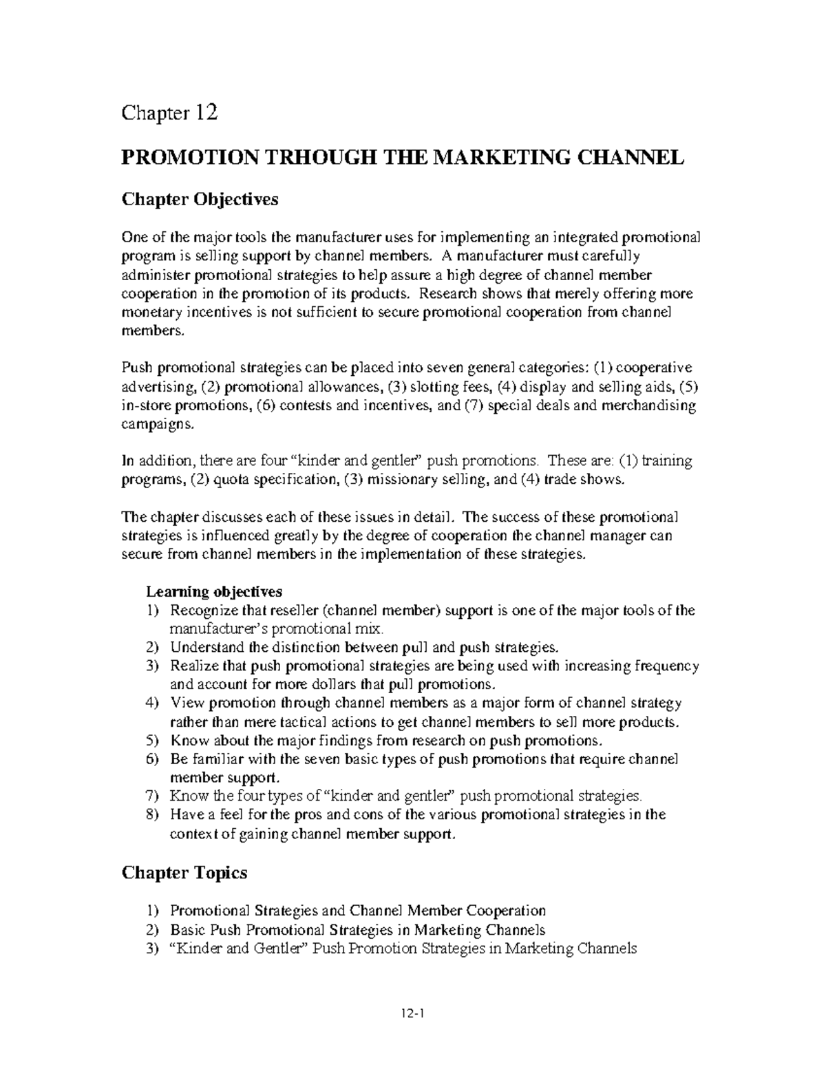 Chapter 12 0 - Chapter 12 PROMOTION TRHOUGH THE MARKETING CHANNEL ...