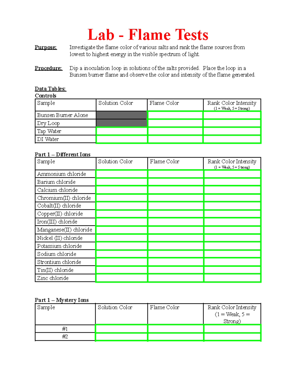 Copy of Lab Flame Tests Lab Flame Tests Purpose Investigate the
