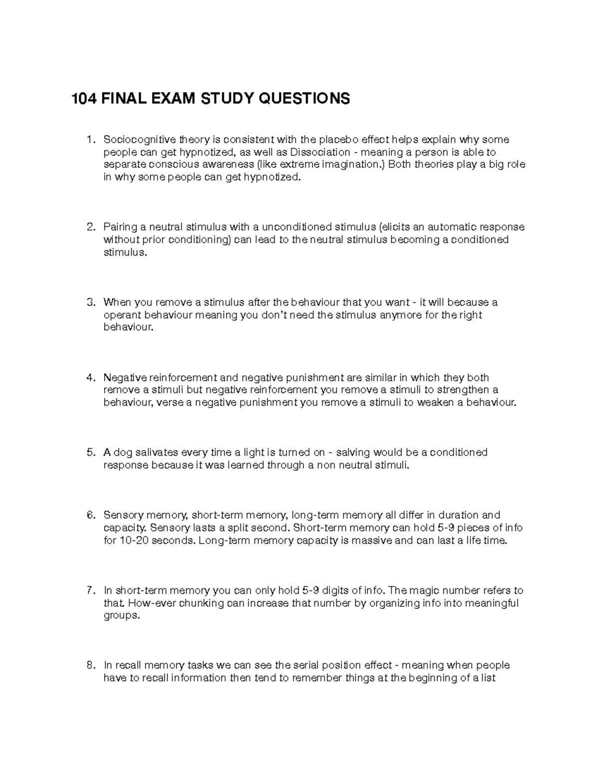 Psychology 104 - Final Questions - 104 FINAL EXAM STUDY QUESTIONS 1 ...