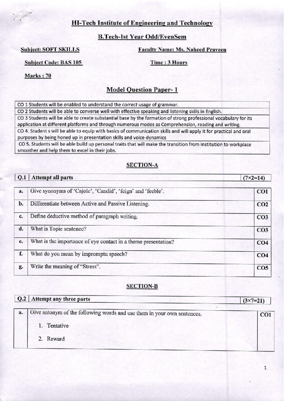 Old BAS-105-Soft-Skills-Paper-1 - B.tech CSE 1st year - Studocu