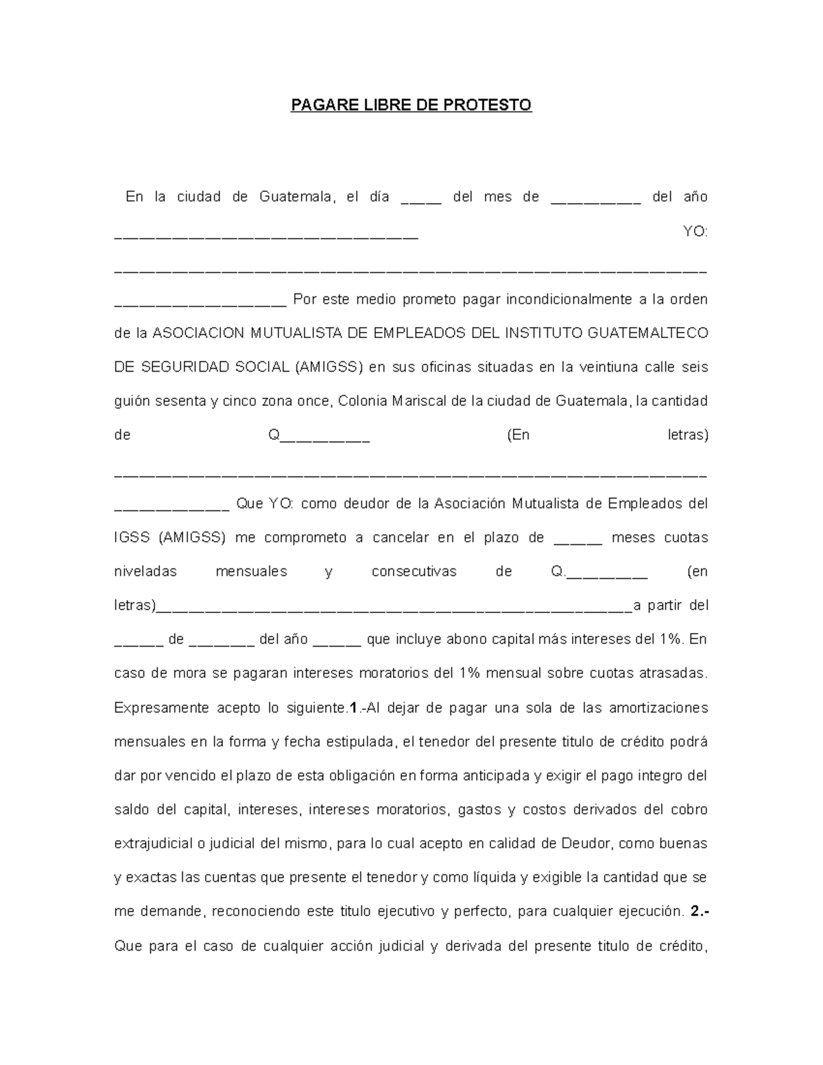 Pagare SIN Protesto PAGARE LIBRE DE