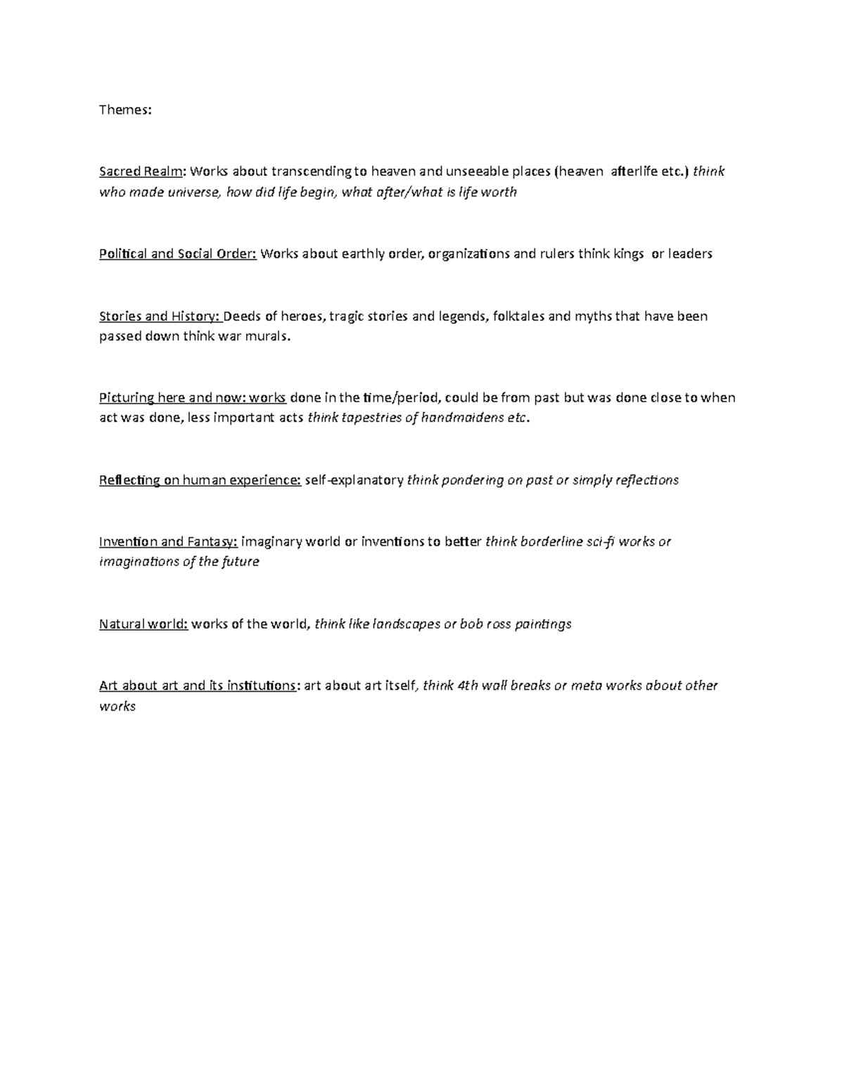 Themes - What each theme is, notes that were applied for other ...