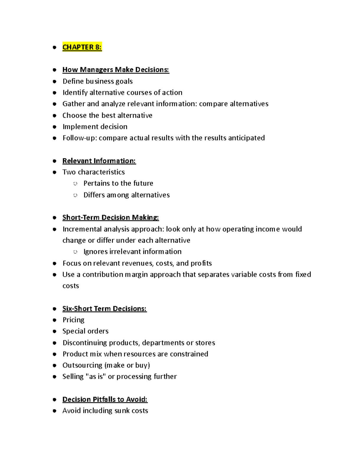 Managerial Accounting Notes Ten - CHAPTER 8: How Managers Make ...