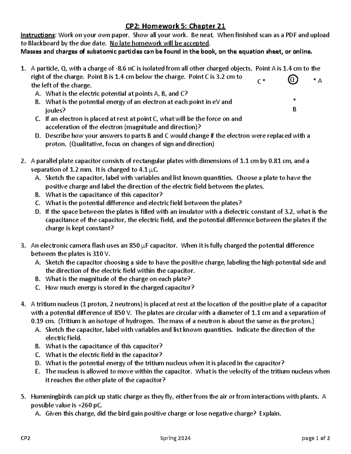 CP2 HW05 Ch21 - CP2 Spring 20 24 page 1 of 2 CP2: Homework 5: Chapter ...