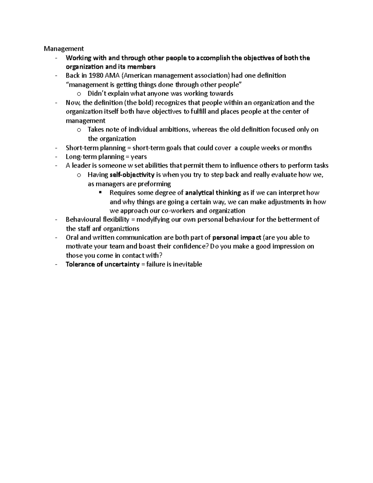 Intro to management in kin week 2 lecture notes Management Working