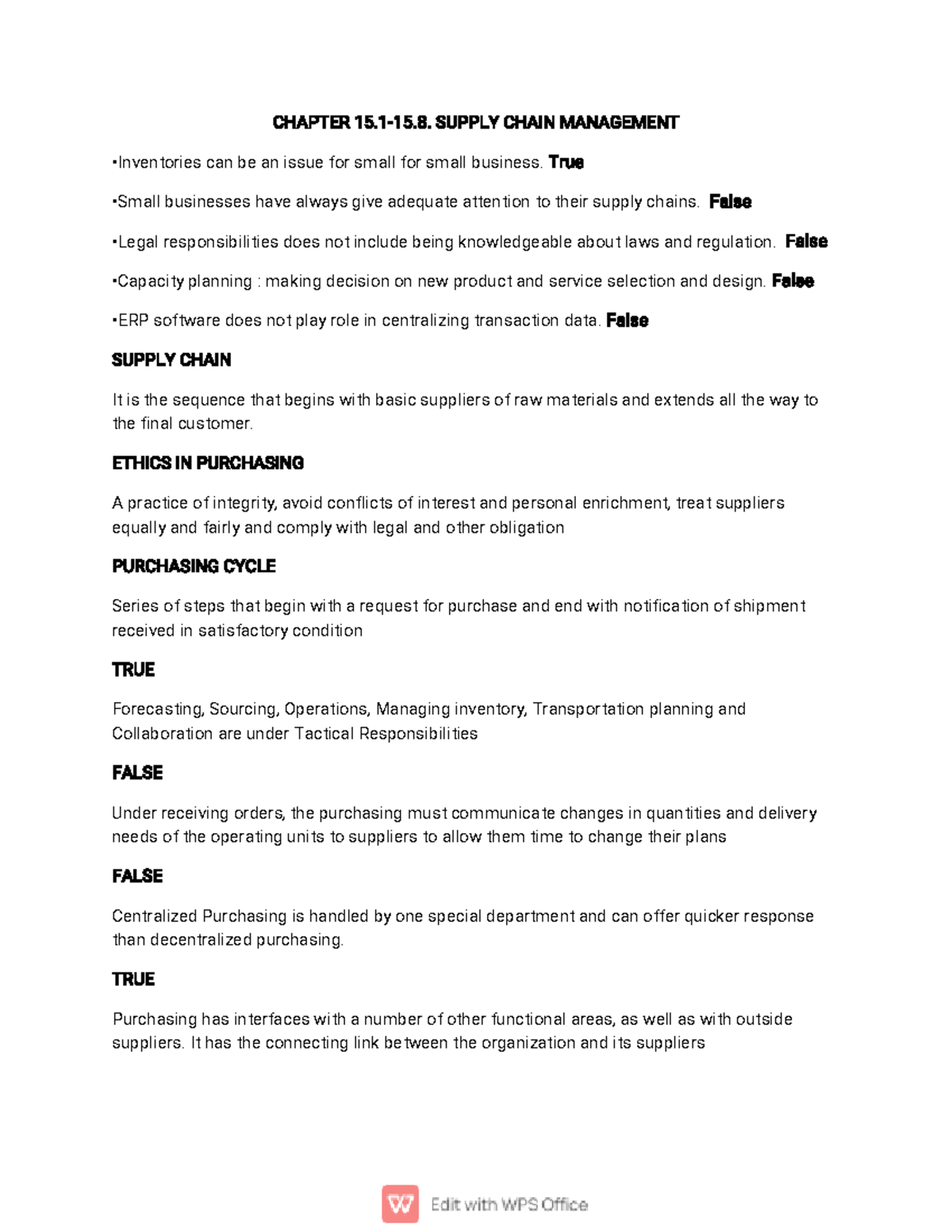 Operation Management QUIZ - CHAPTER 15. 1 - 15. 8. SUPPLY CHAIN ...