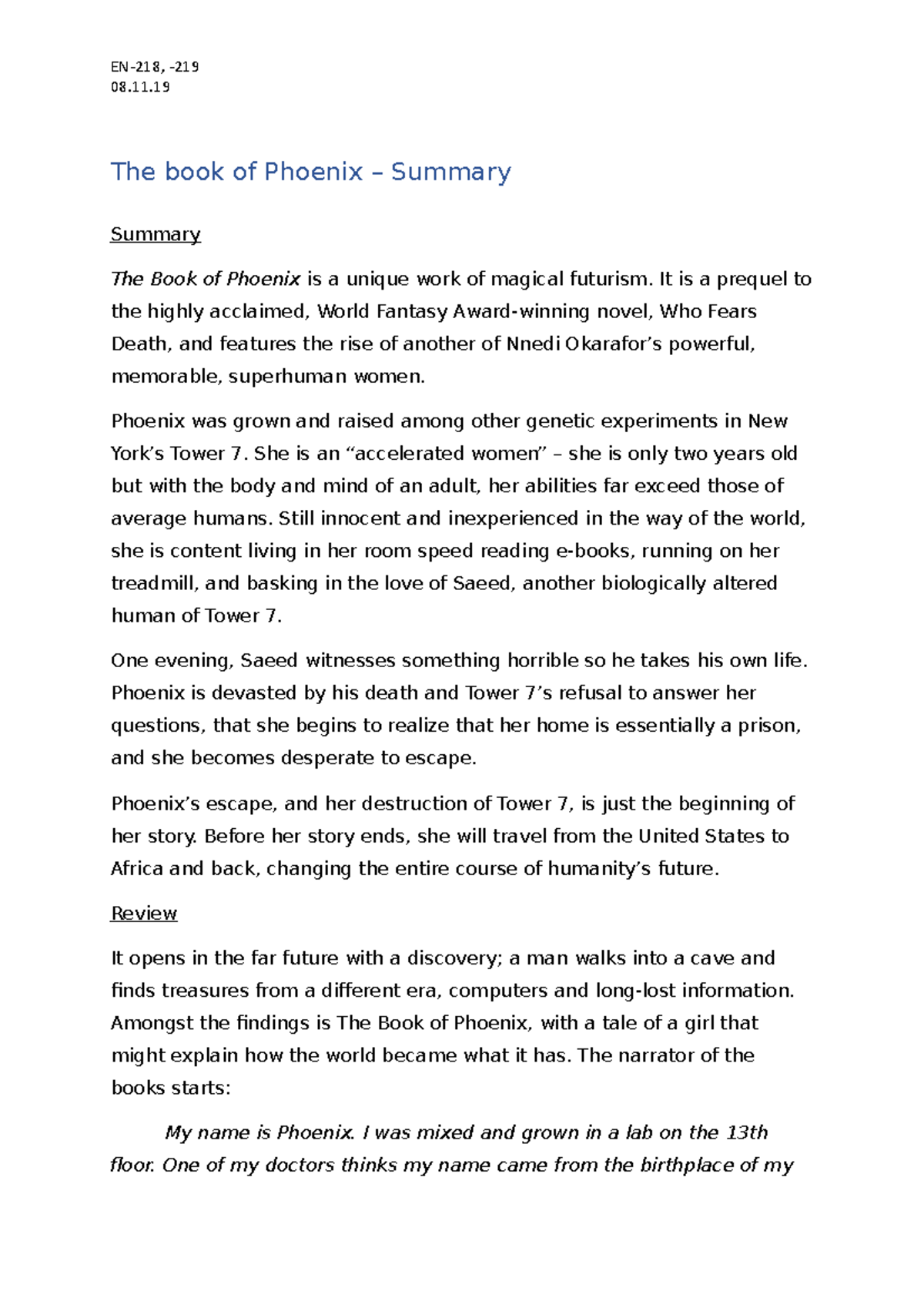 The book of Phoenix Summary The book of Phoenix Summary Summary