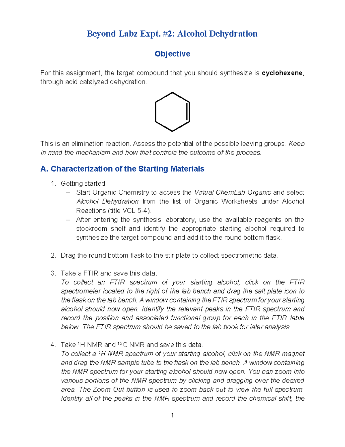 Alcohol dehydration Lab experiment report Objective For this