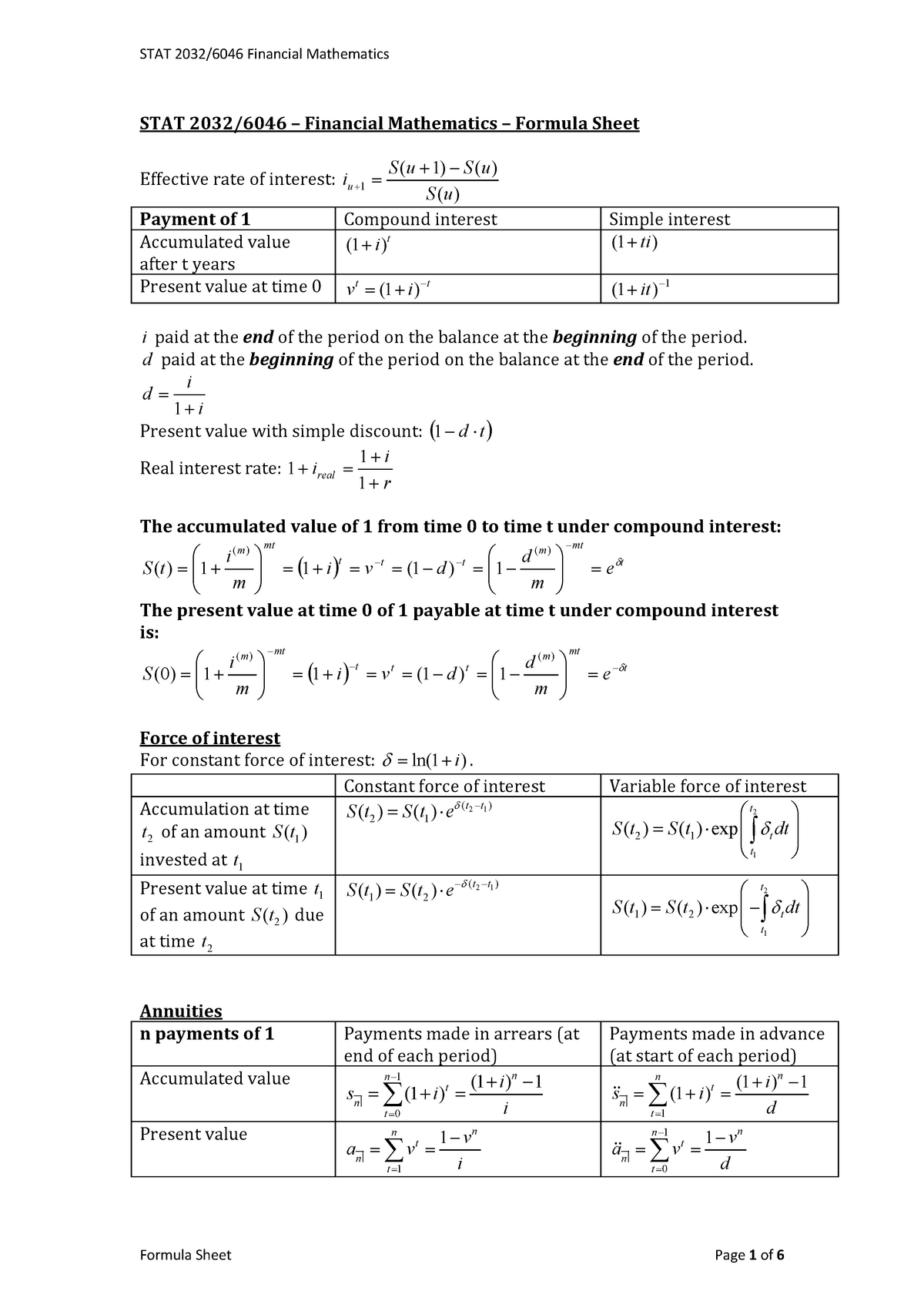 Formula Sheet for Exams - STAT 2032/6046 – Financial Mathematics ...