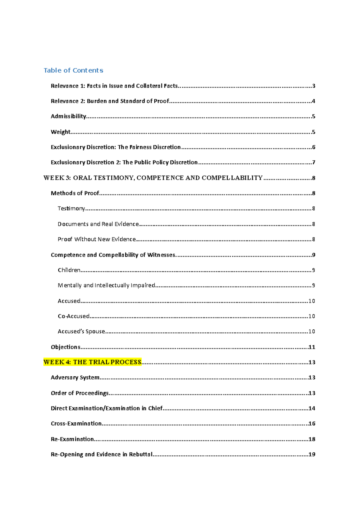 Lecture Notes - Table of Contents Relevance 1: Facts in Issue and ...