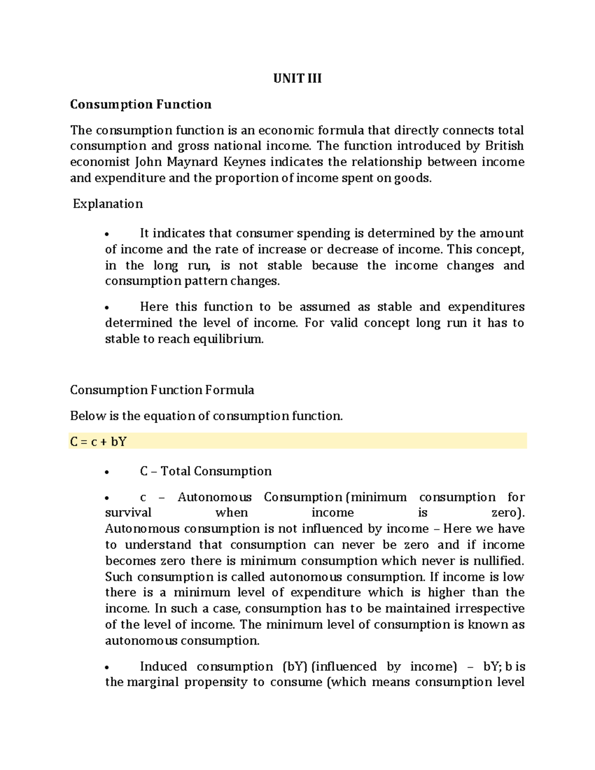 18BEC52C-U3 - fddgghhhg - UNIT III Consumption Function The consumption ...