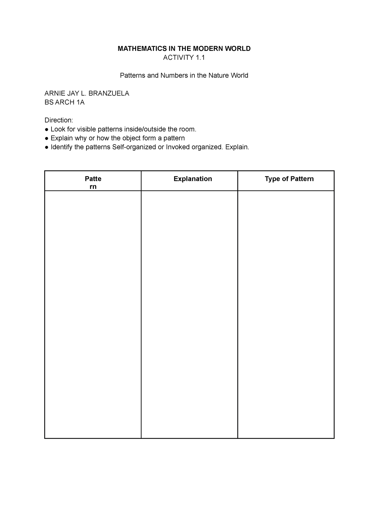 MMW - ..... - MATHEMATICS IN THE MODERN WORLD ACTIVITY 1. Patterns and ...