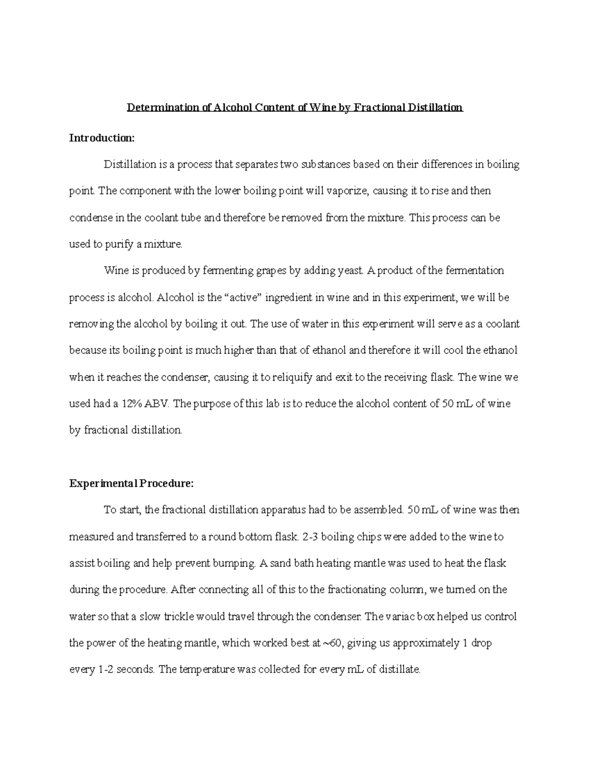 Organic Chem Lab 1 Grade 7/8 Determination of Alcohol Content of Wine Fractional
