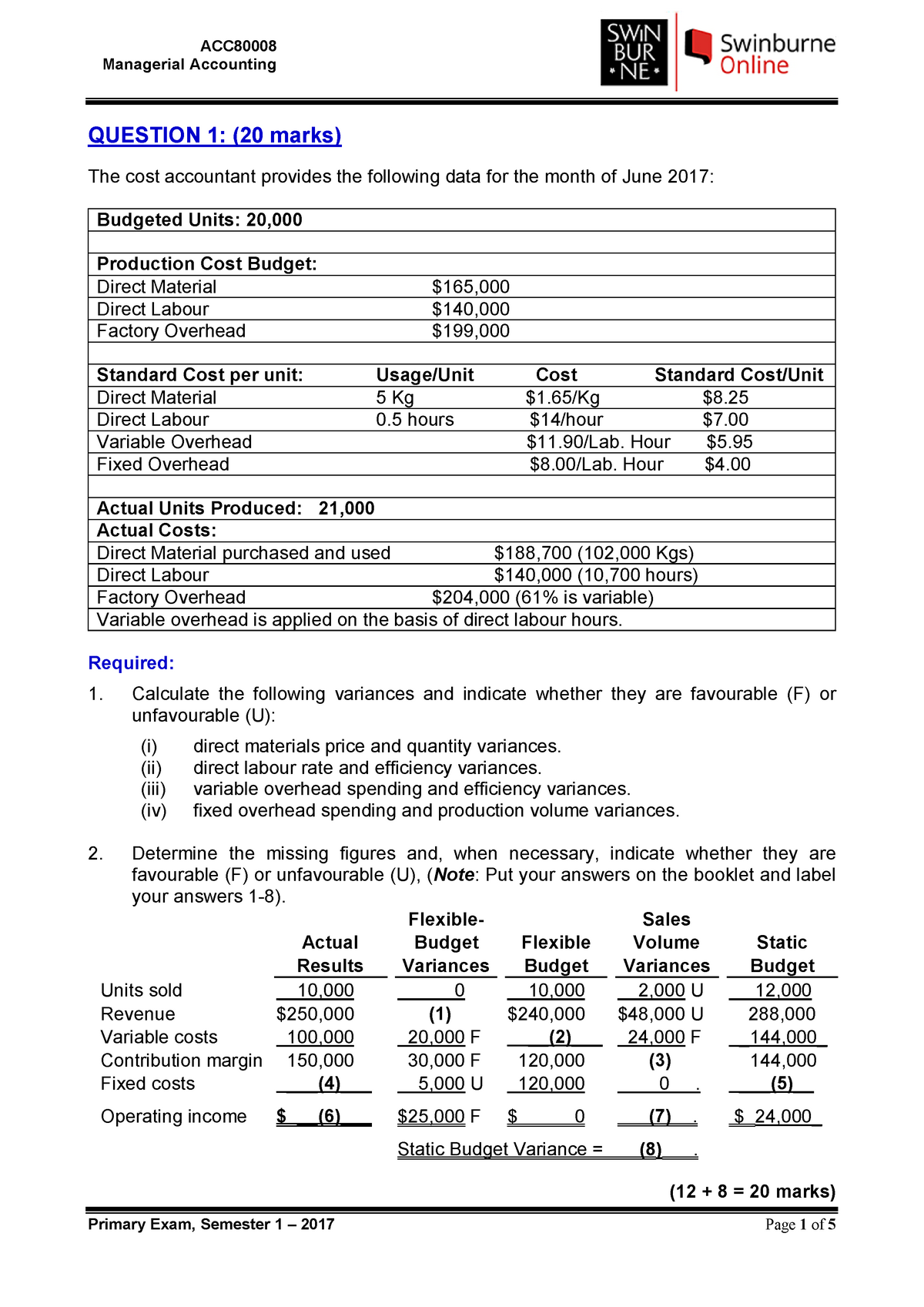 Sample/practice exam 2017, questions - Managerial Accounting QUESTION 1 ...