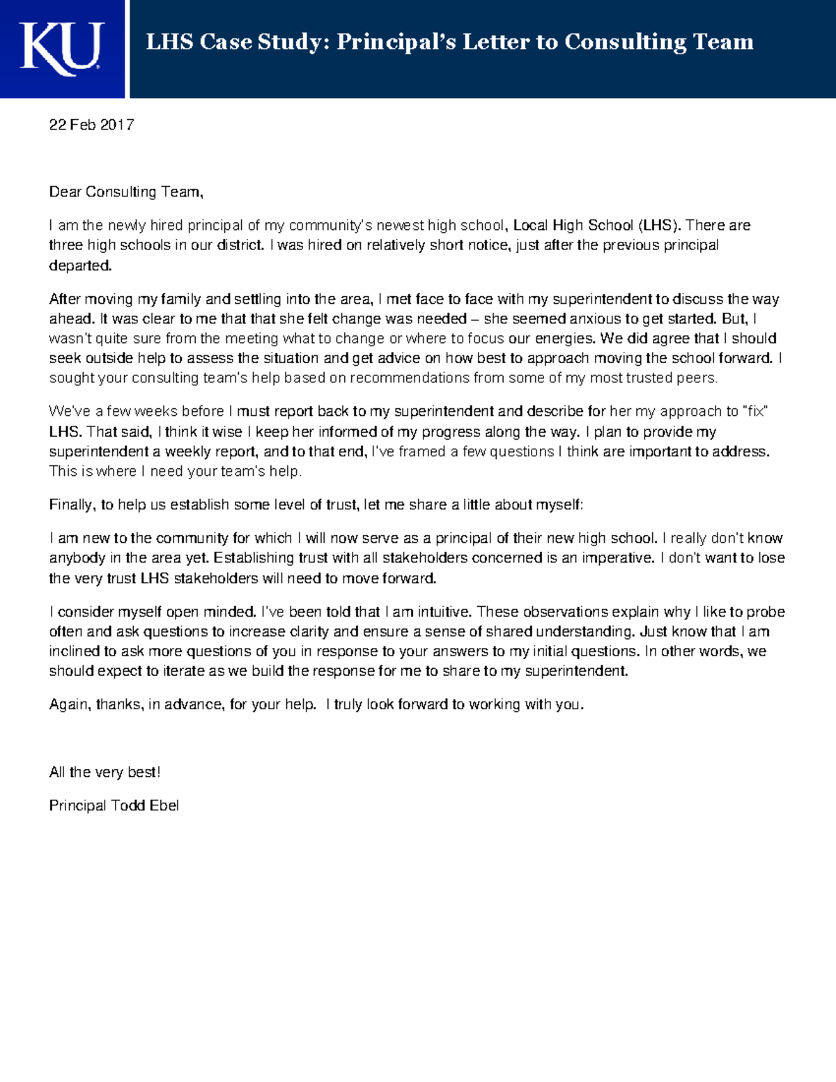 Mgmt751 m3 lhs principal letter - LHS Case Study: Principal’s Letter to ...