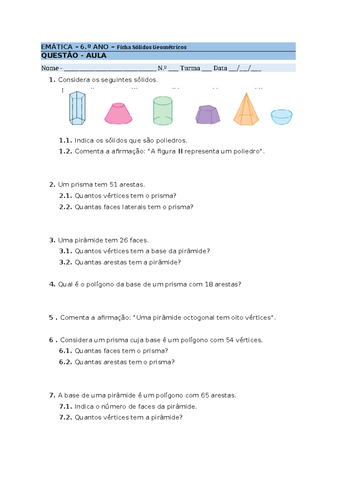 Apoio Sólidos geométricos - EMÁTICA – 6.º ANO – Ficha Sólidos ...